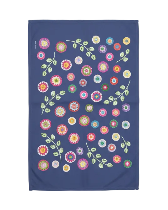 Crochet Pattern Print Linen Cotton Tea Towel — Denim Blue