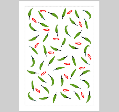 Green Chili Pepper Pattern Linen Cotton Tea Towel — White