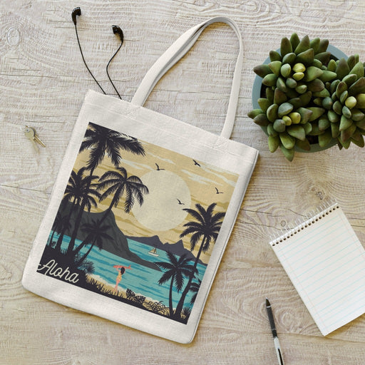 Durable Tote Bag In Natural Colour, Aloha Palm Tree Surfing Hawaii Theme